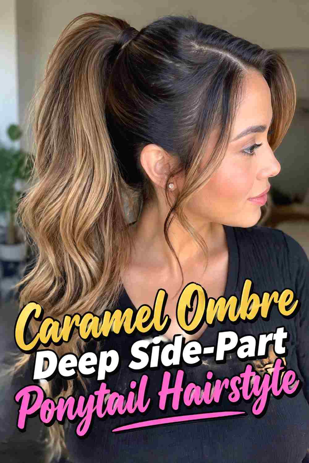 17. Caramel Ombre Deep Side Part Ponytail Hairstyle