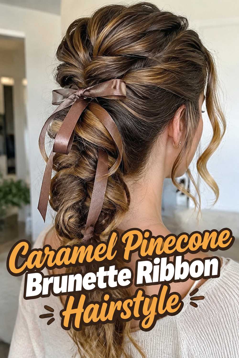 9. Caramel Pinecone Brunette Ribbon Hairstyle