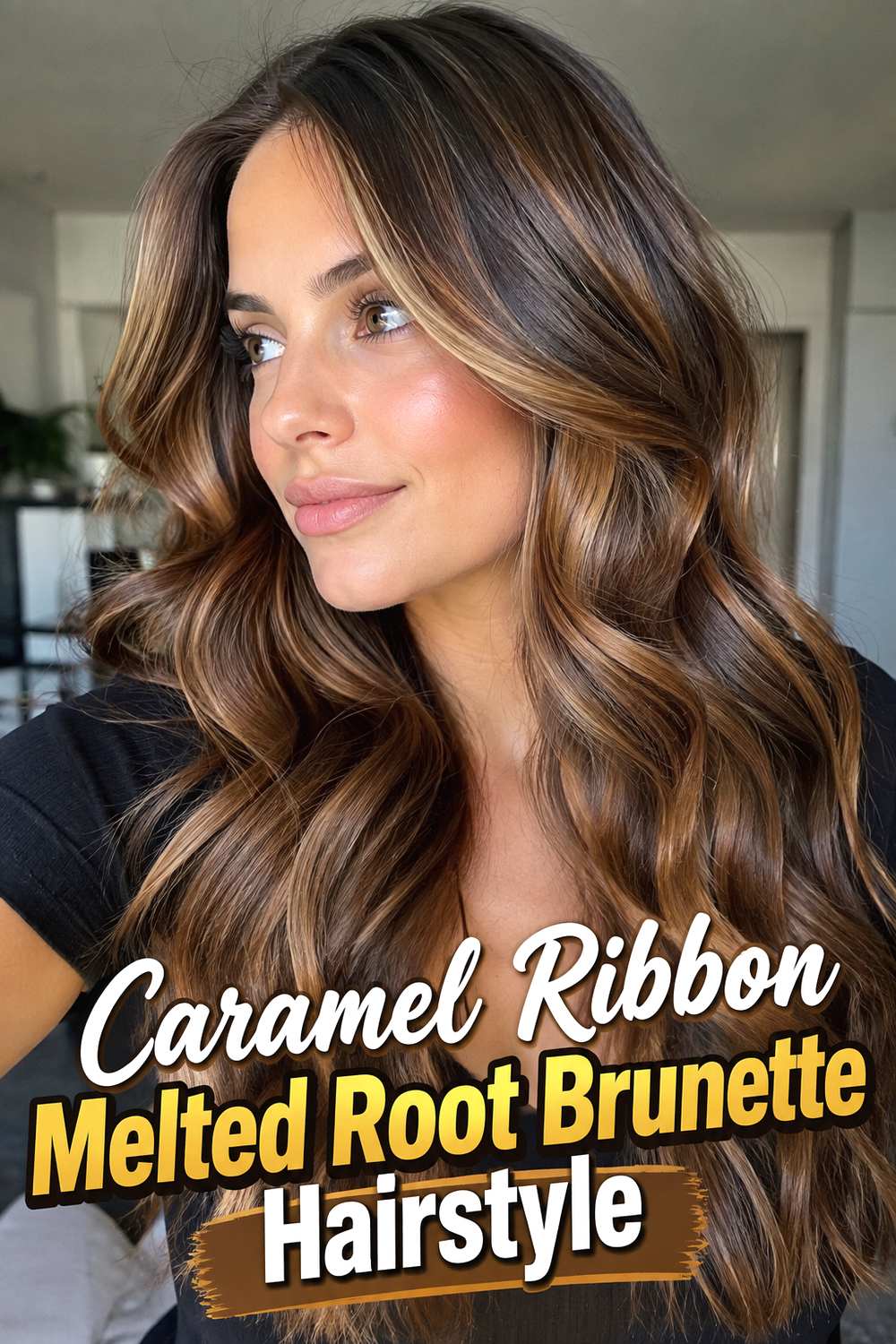 3. Caramel Ribbon Melted Root Brunette Hairstyle