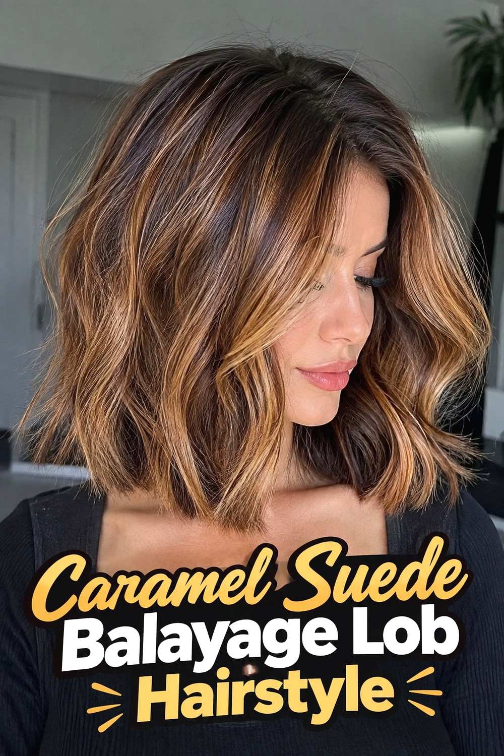 6. Caramel Suede Balayage Lob Hairstyle