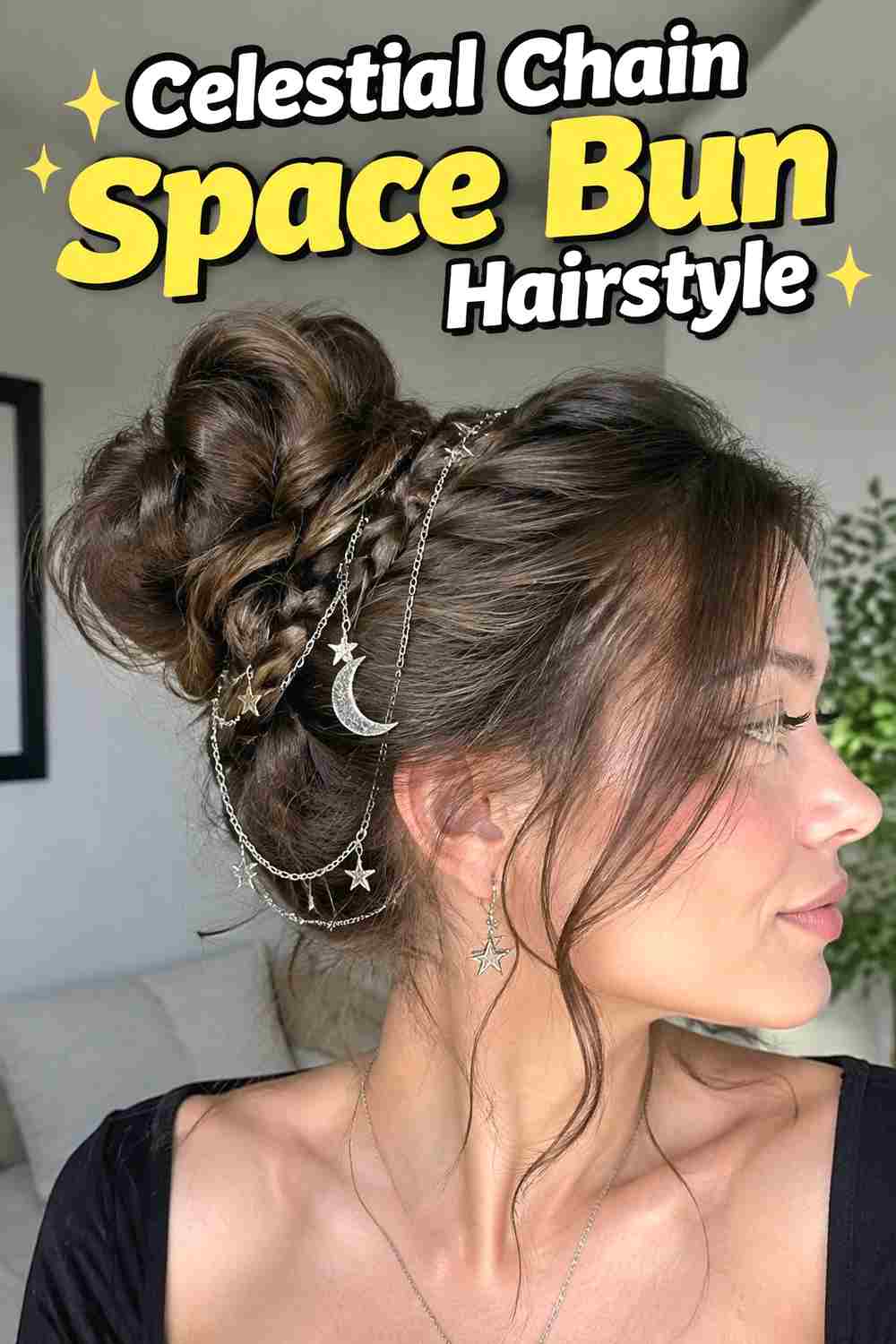 10. Celestial Chain Space Bun Hairstyle