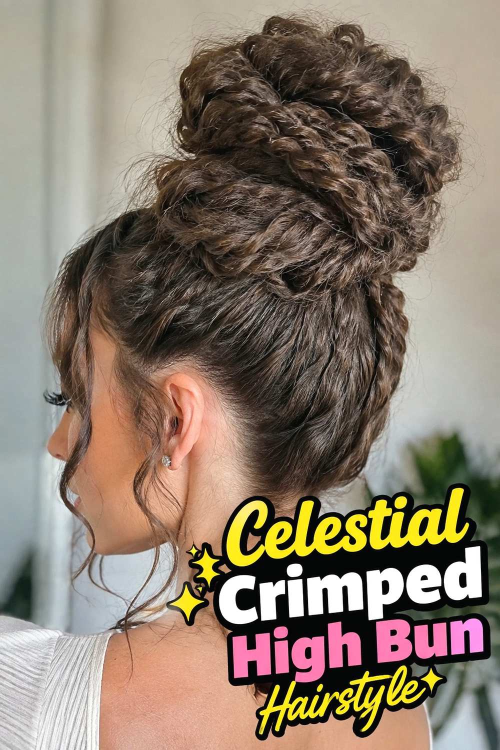 7. Celestial Crimped High Bun Hairstyle