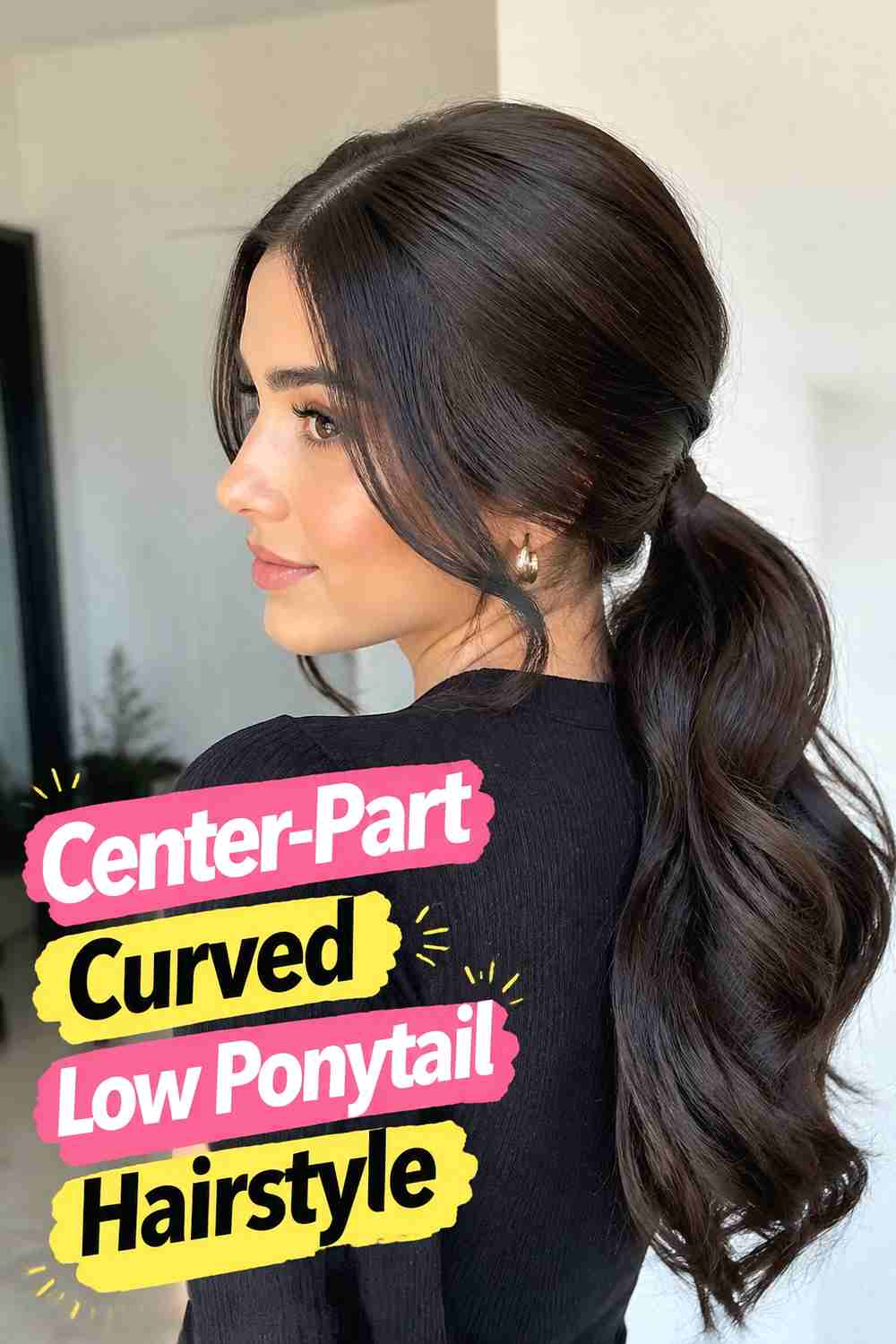 3. Center Part Curved Low Ponytail Hairstyle