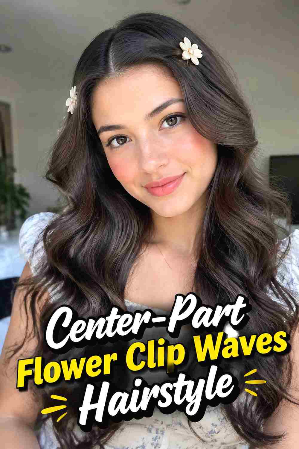 4. Center Part Flower Clip Waves Hairstyle