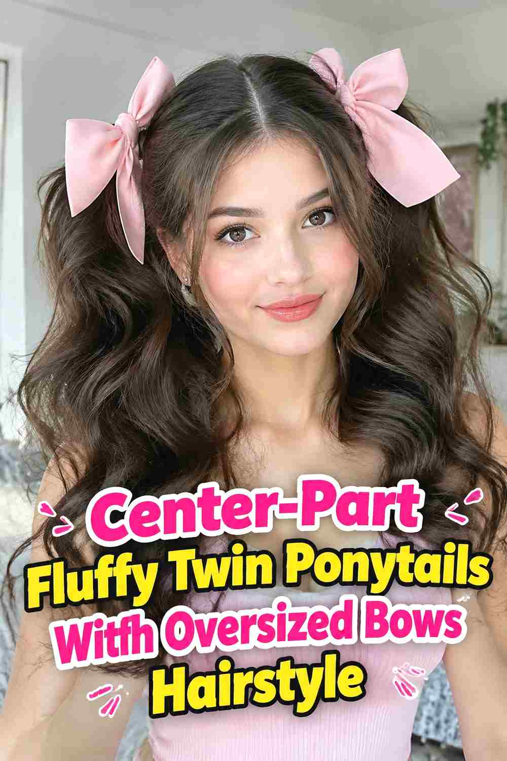 11. Center Part Fluffy Twin Ponytails With Oversized Bows Hairstyle