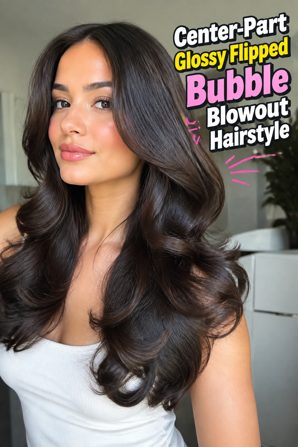 Center-Part Glossy Flipped Bubble Blowout Hairstyle