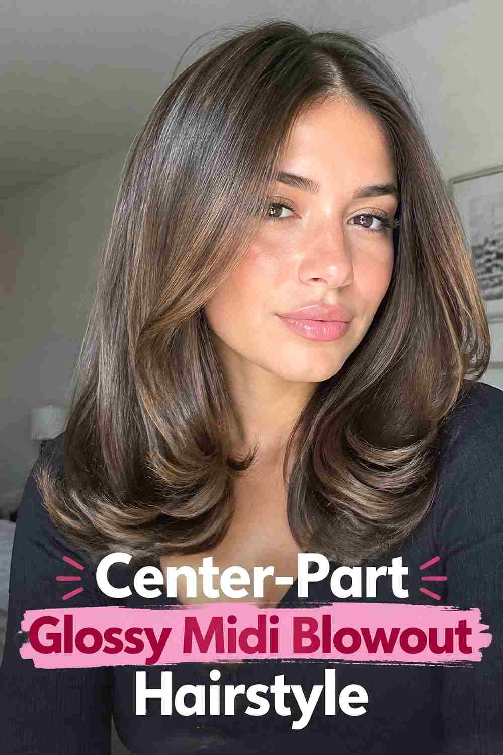 3. Center Part Glossy Midi Blowout Hairstyle