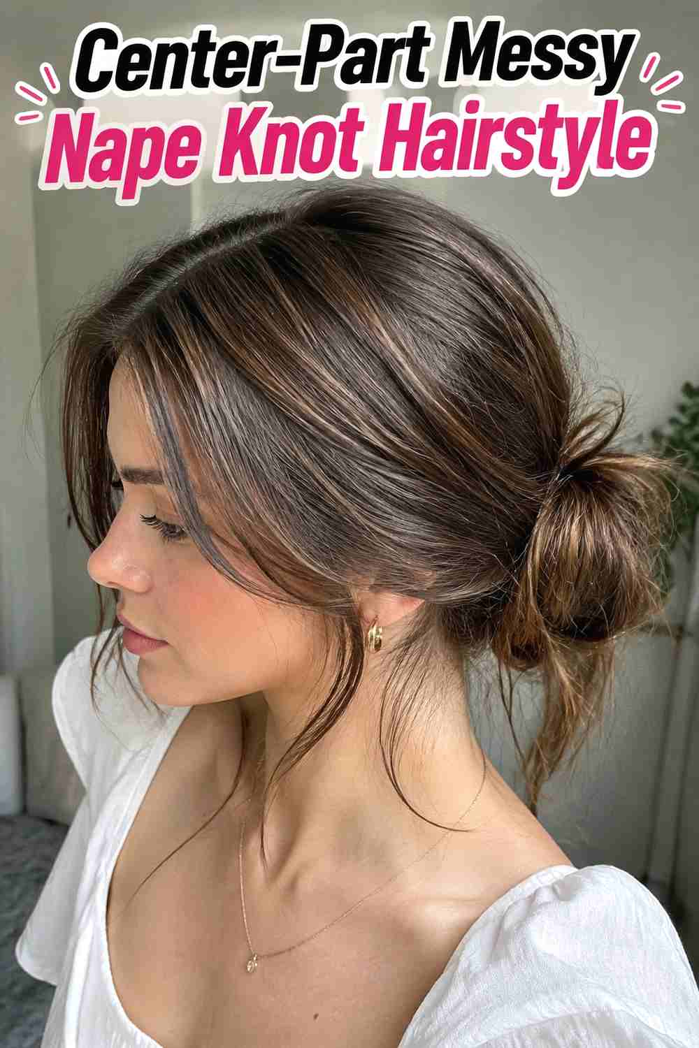 4. Center Part Messy Nape Knot Hairstyle