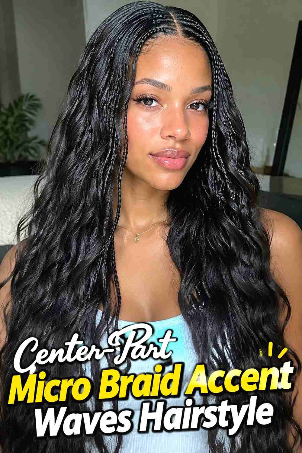 1. Center Part Micro Braid Accent Waves Hairstyle