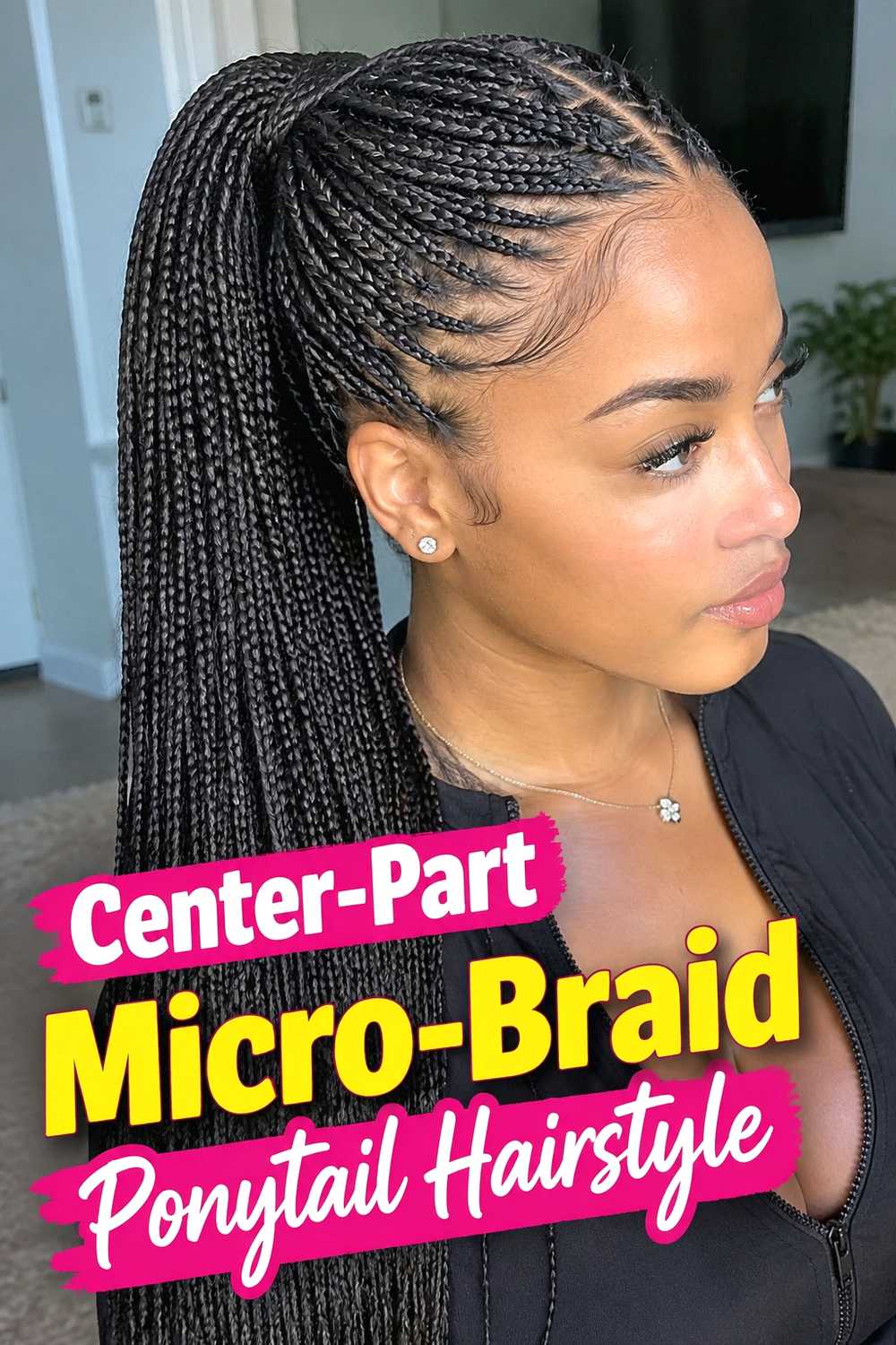 6. Center Part Micro Braid Ponytail Hairstyle