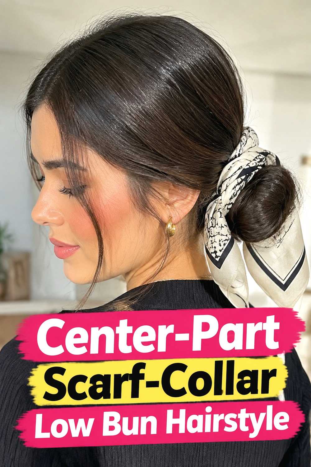 6. Center Part Scarf Collar Low Bun Hairstyle