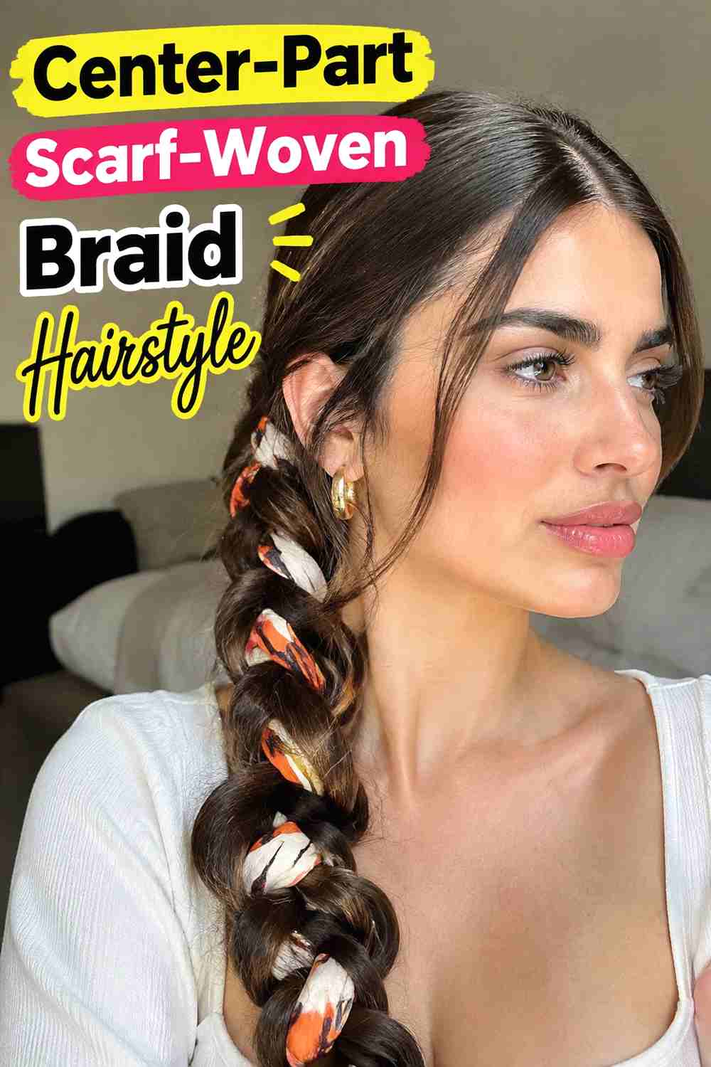 2. Center Part Scarf Woven Braid Hairstyle