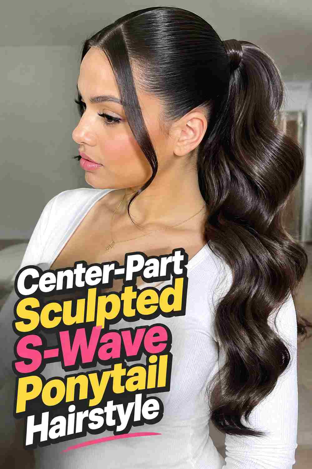 4. Center Part Sculpted S Wave Ponytail Hairstyle