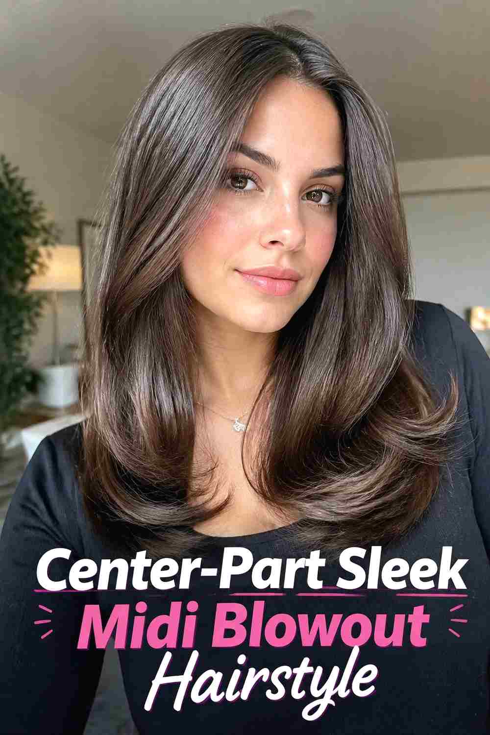 1. Center Part Sleek Midi Blowout Hairstyle