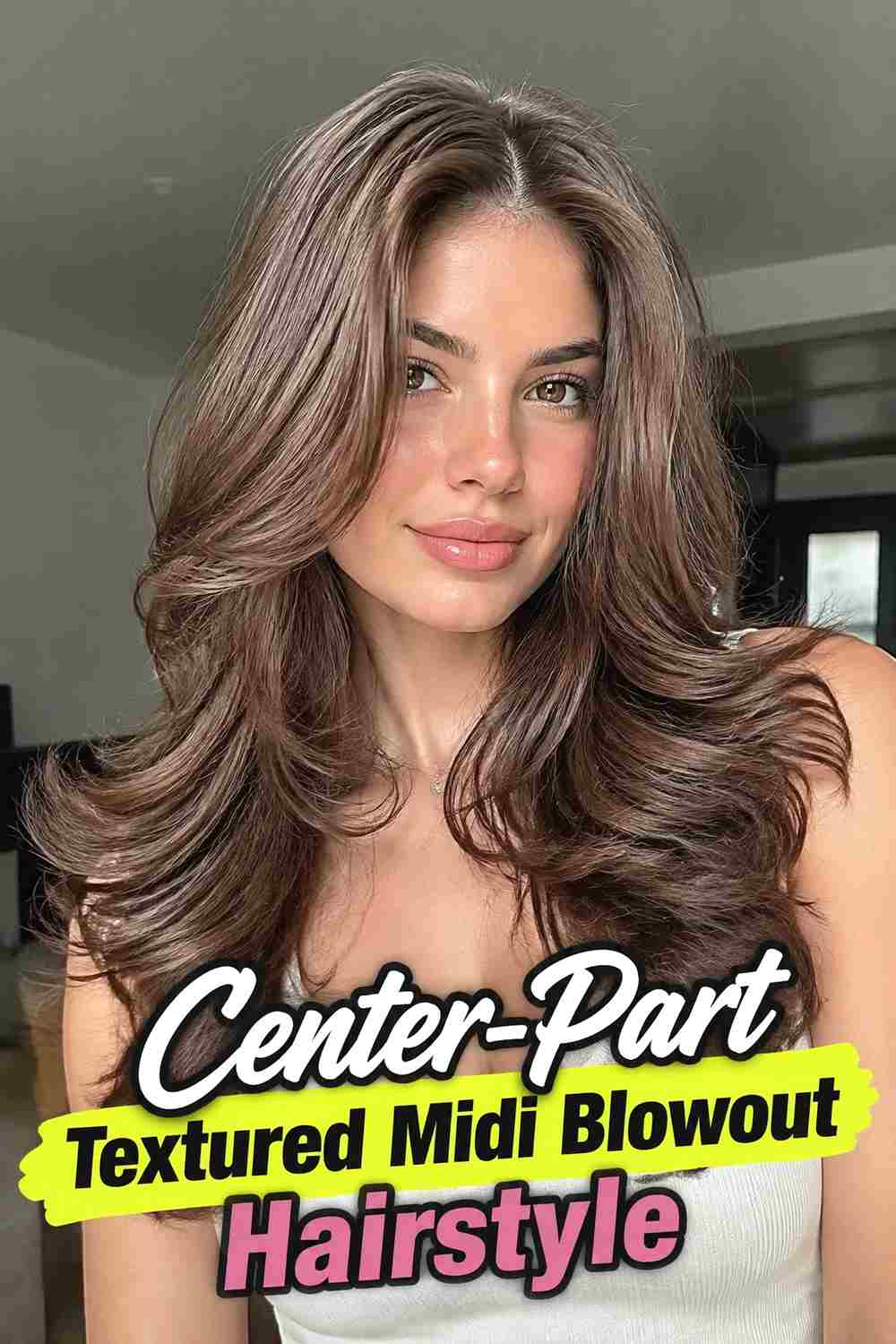 5. Center Part Textured Midi Blowout Hairstyle