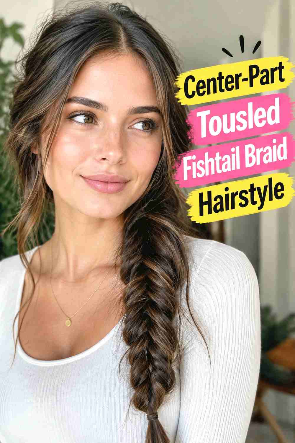 6. Center Part Tousled Fishtail Braid Hairstyle