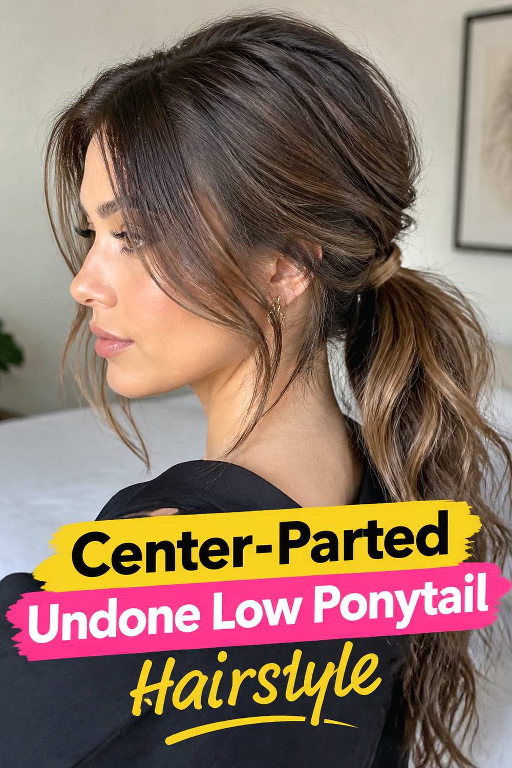 Center-Parted Undone Low Ponytail Hairstyle