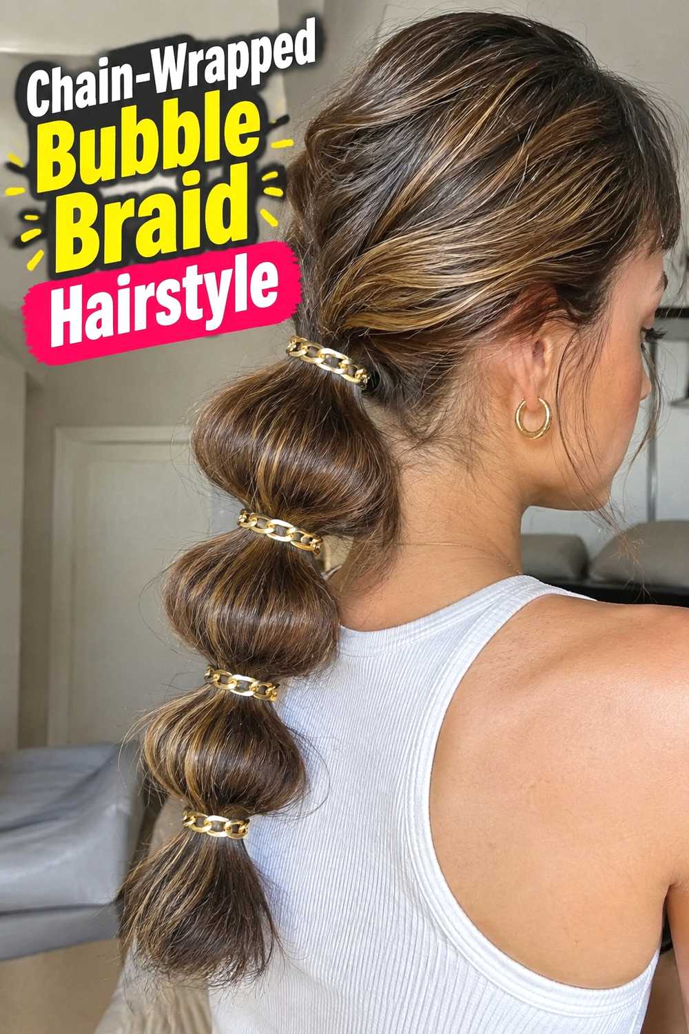 6. Chain Wrapped Bubble Braid Hairstyle