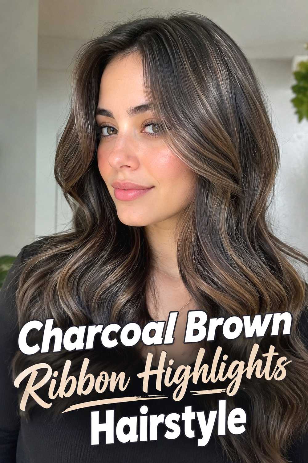 7. Charcoal Brown Ribbon Highlights Hairstyle