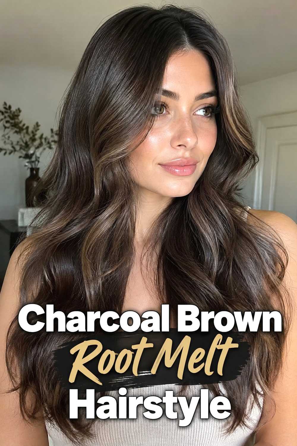 9. Charcoal Brown Root Melt Hairstyle