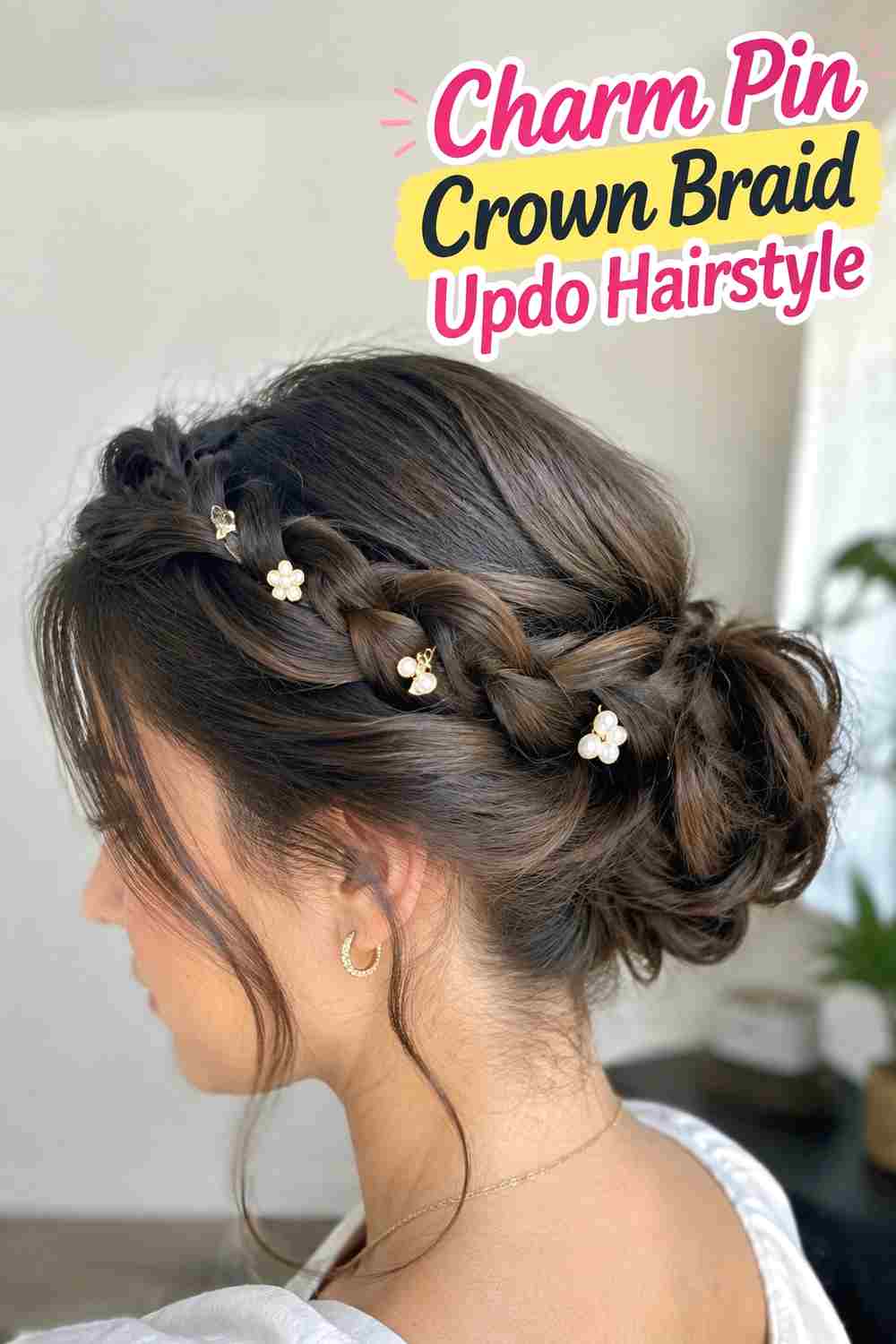 11. Charm Pin Crown Braid Updo Hairstyle