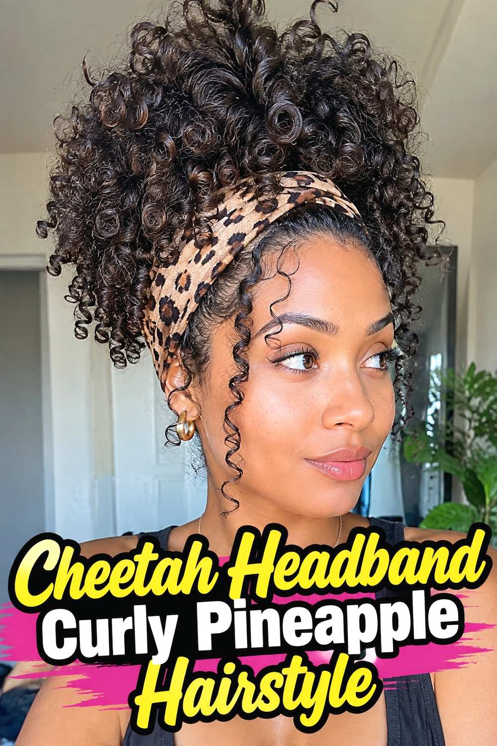 13. Cheetah Headband Curly Pineapple Hairstyle