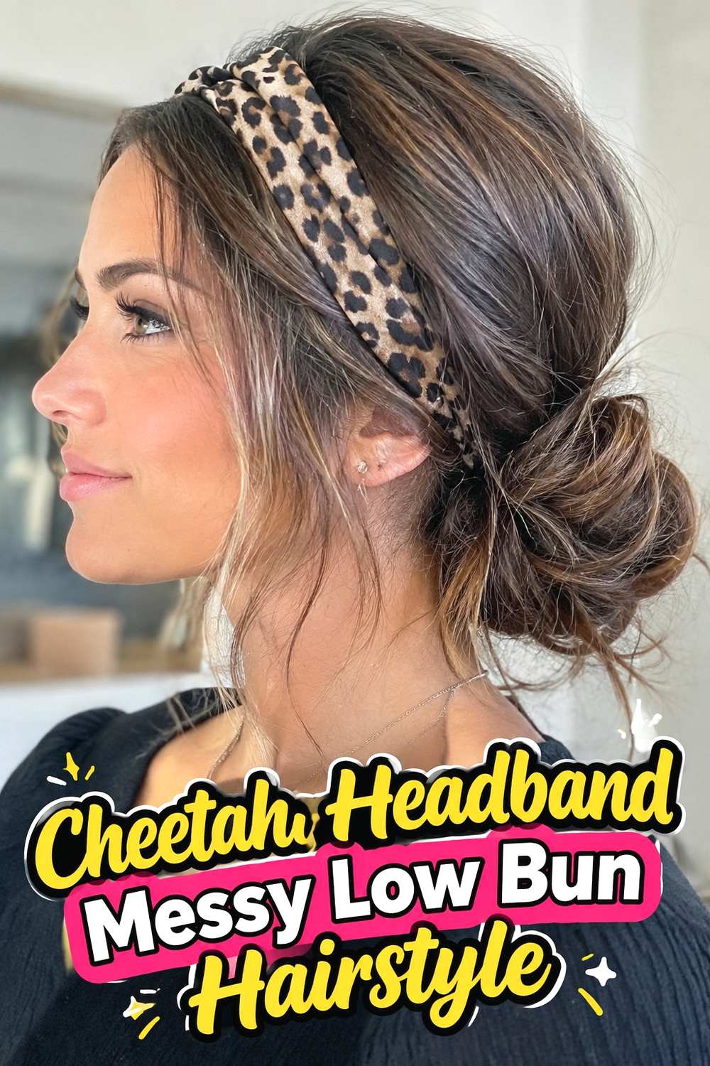 3. Cheetah Headband Messy Low Bun Hairstyle