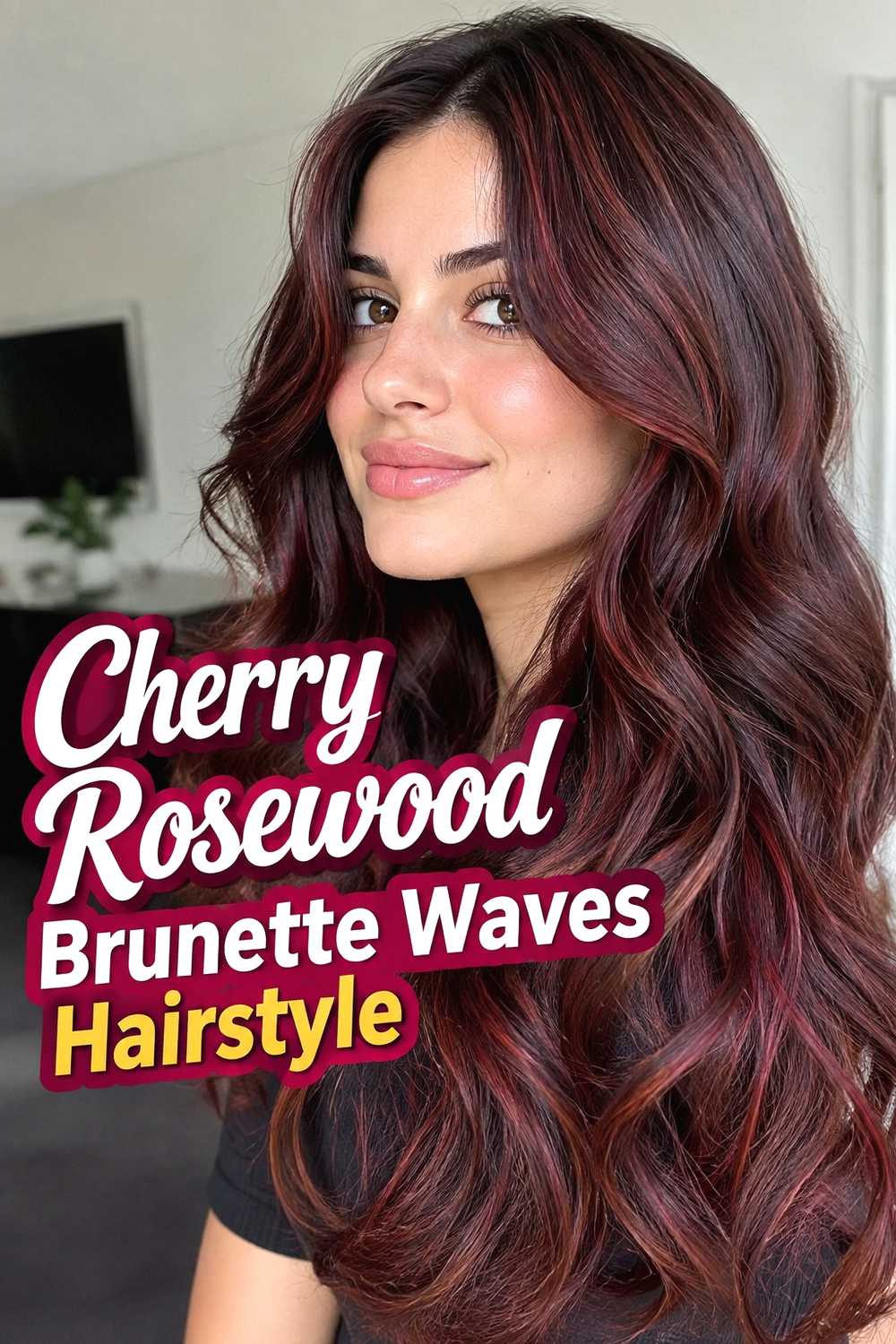 8. Cherry Rosewood Brunette Waves Hairstyle
