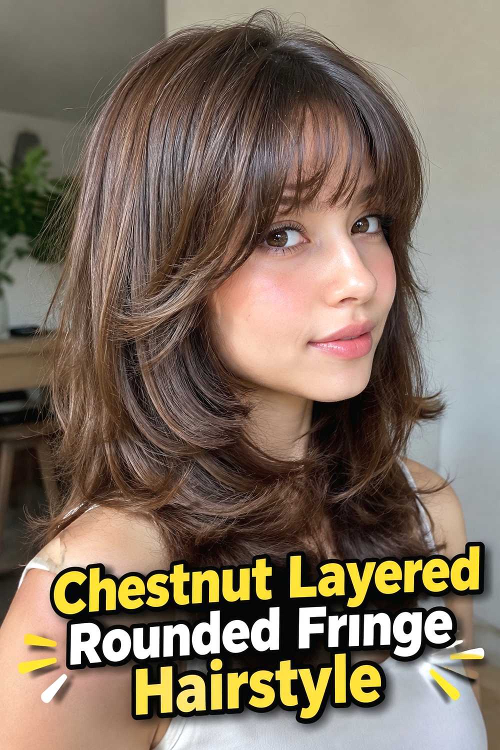 2. Chestnut Layered Rounded Fringe Hairstyle