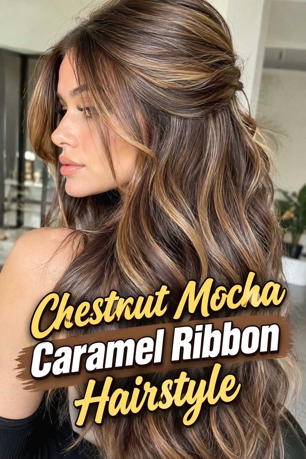 3. Chestnut Mocha Caramel Ribbon Hairstyle