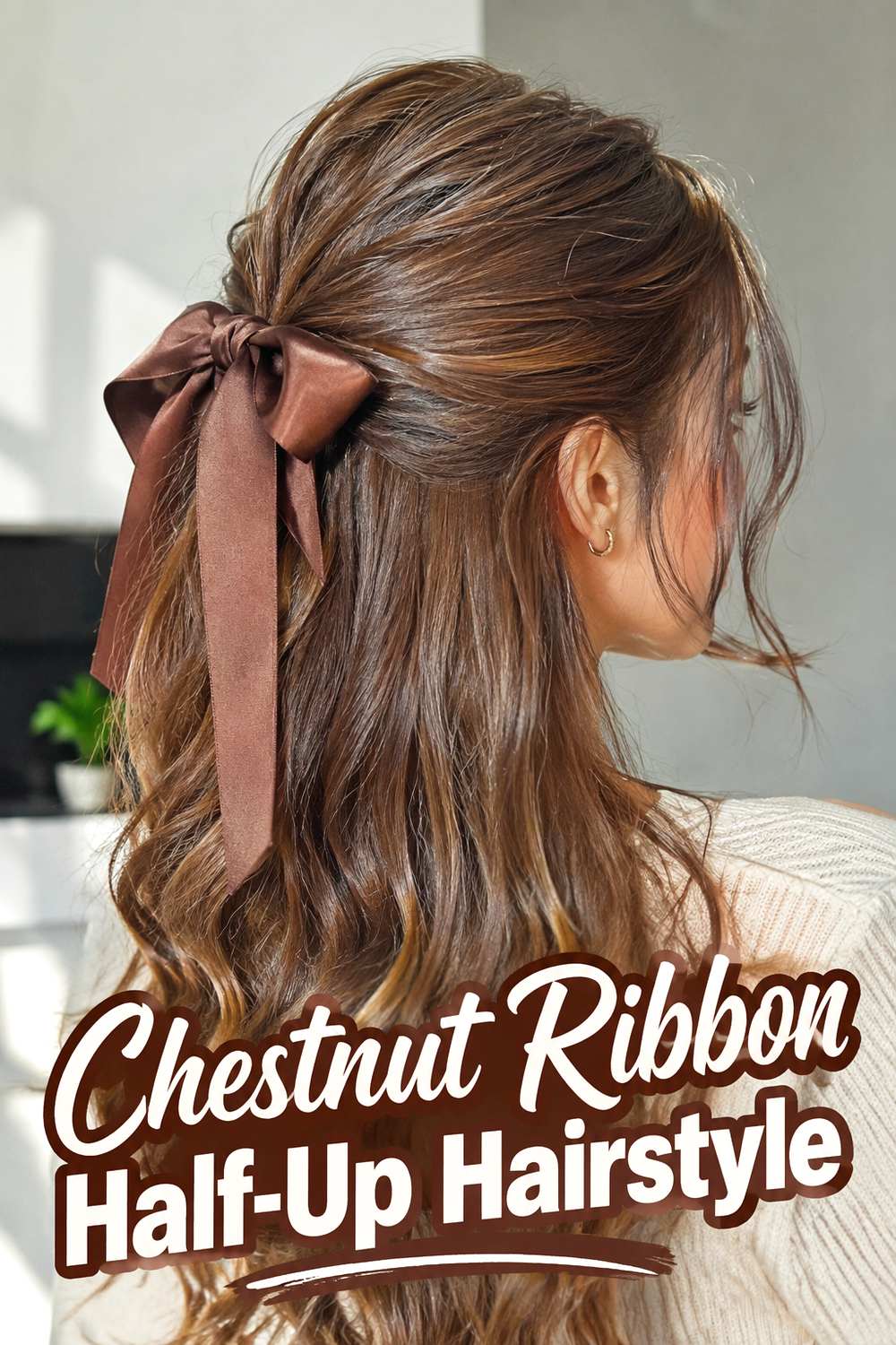 Chestnut Ribbon Half-Up Hairstyle