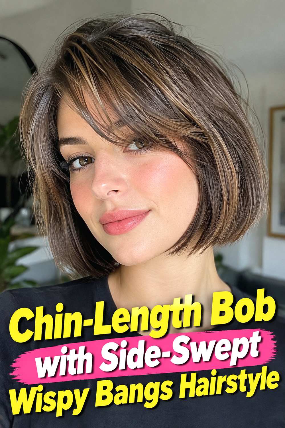 3. Chin Length Bob With Side Swept Wispy Bangs Hairstyle
