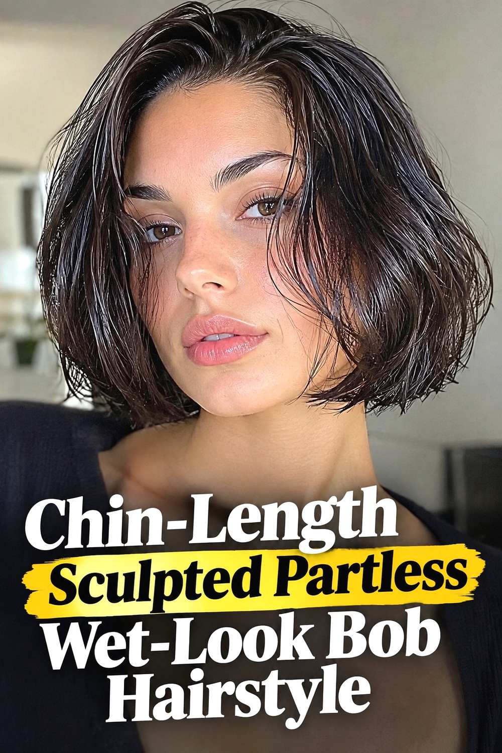 2. Chin Length Sculpted Partless Wet Look Bob Hairstyle