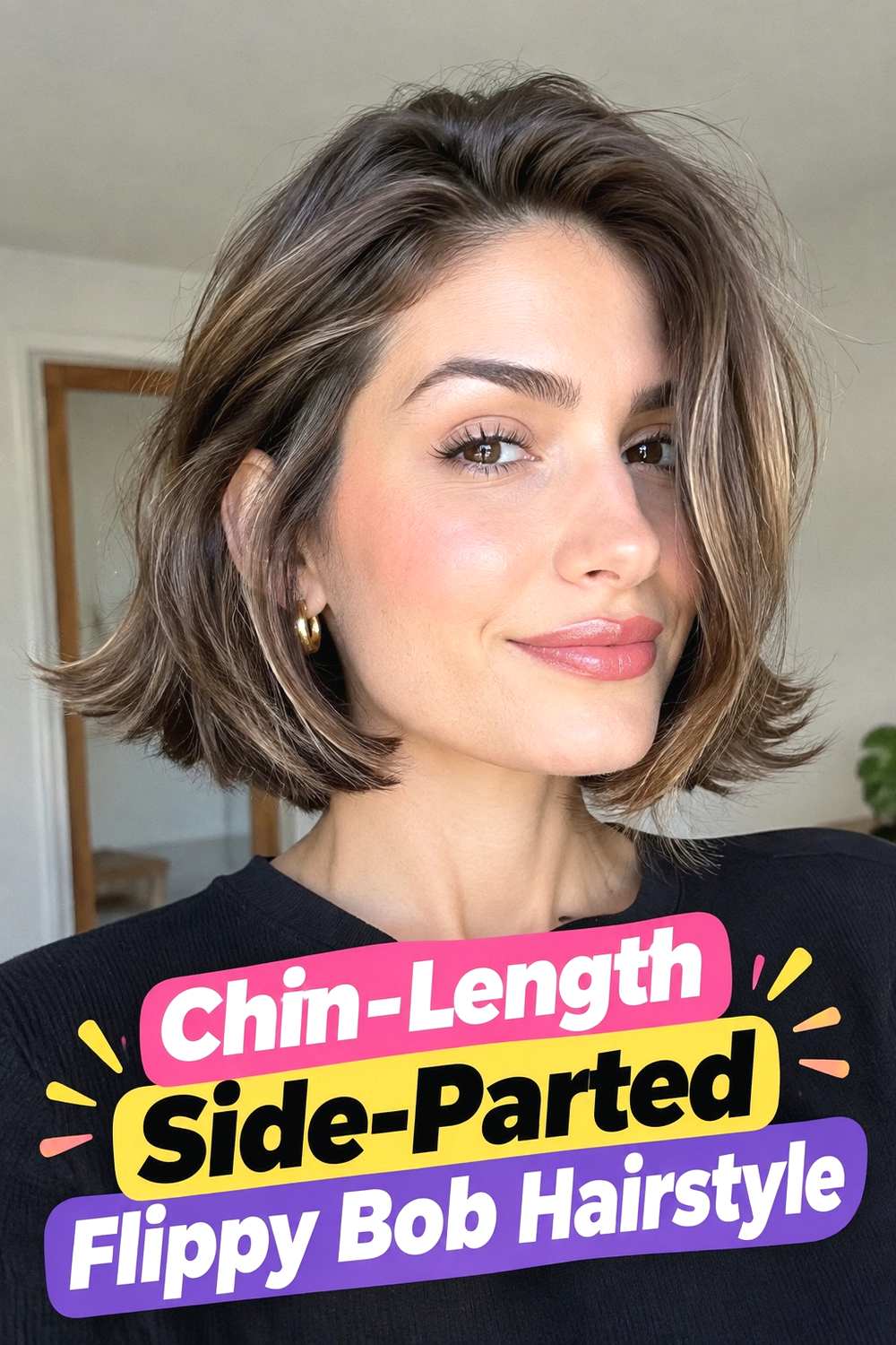 2. Chin Length Side Parted Flippy Bob Hairstyle