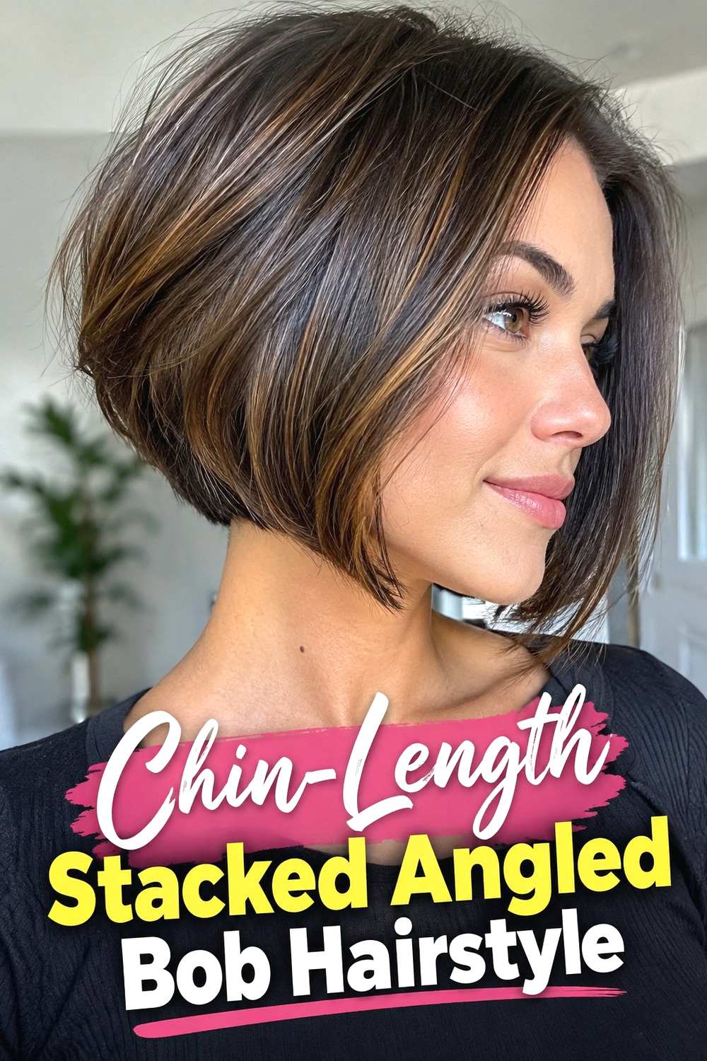 12. Chin Length Stacked Angled Bob Hairstyle