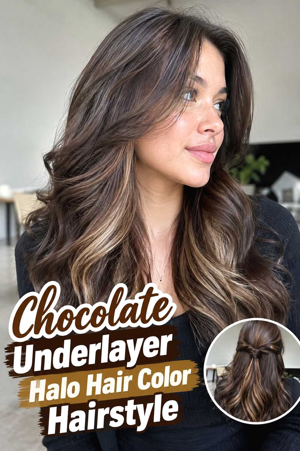 9. Chocolate Underlayer Halo Hair Color Hairstyle