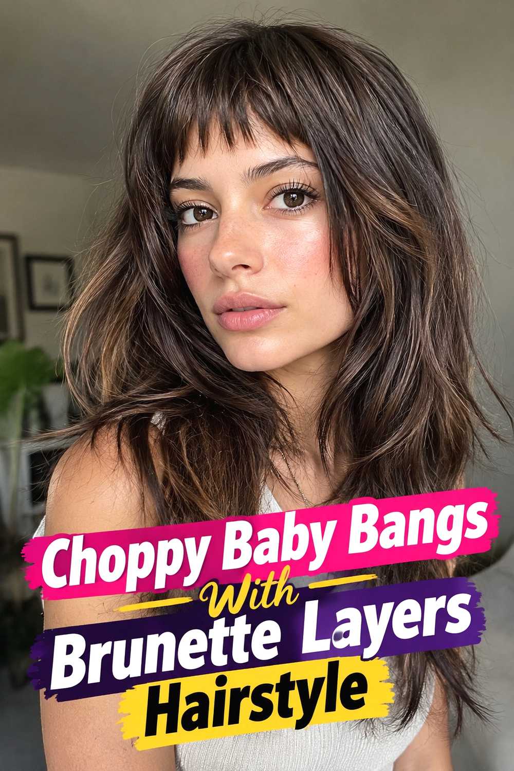 16. Choppy Baby Bangs With Brunette Layers Hairstyle