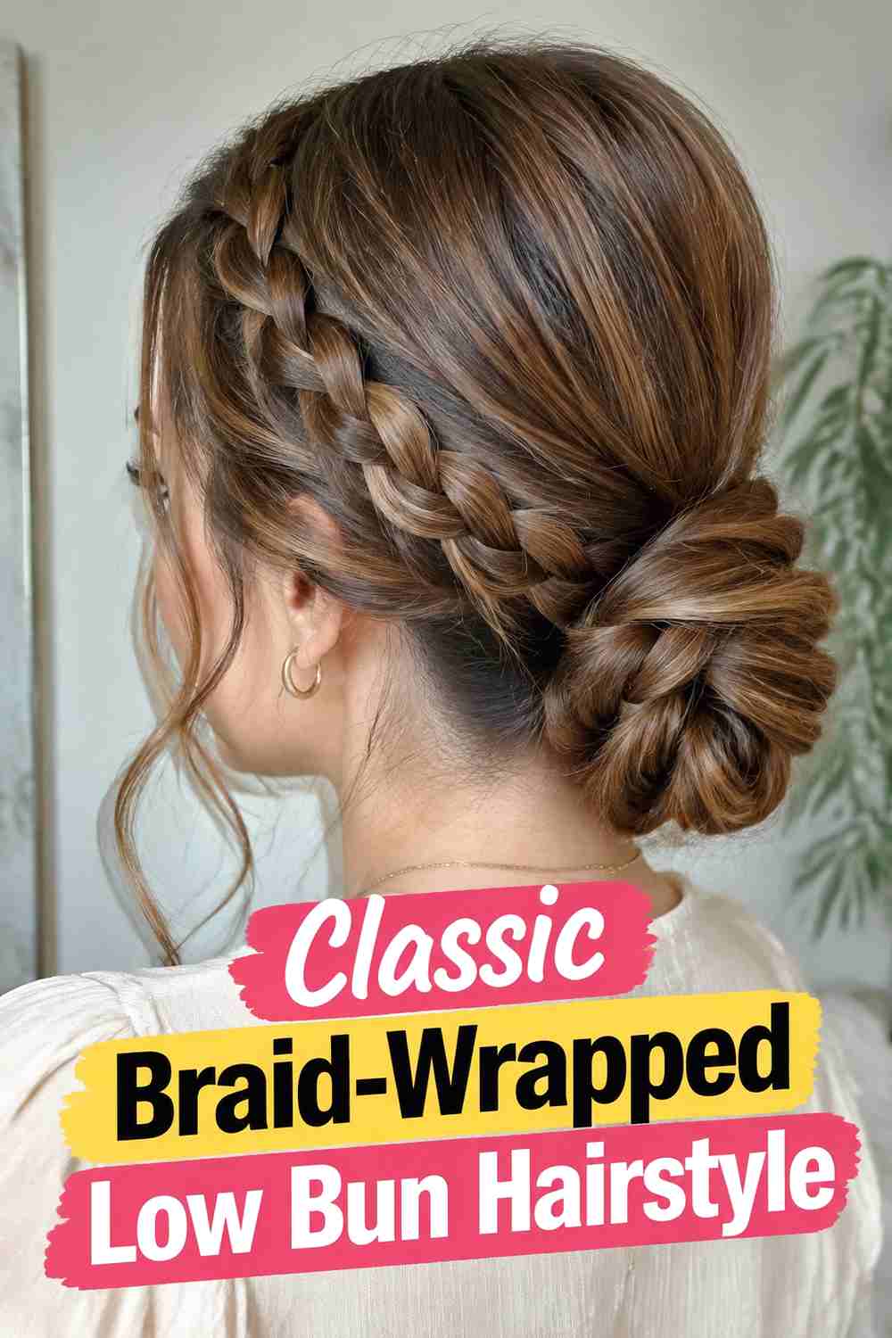1. Classic Braid Wrapped Low Bun Hairstyle