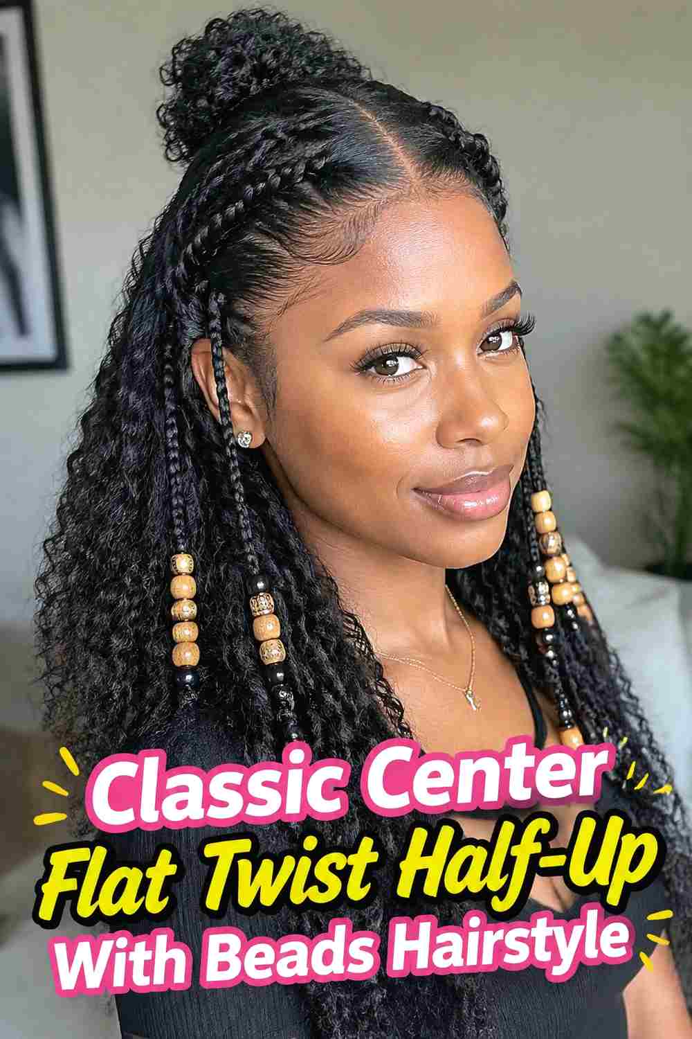1. Classic Center Flat Twist Half Up With Beads Hairstyle
