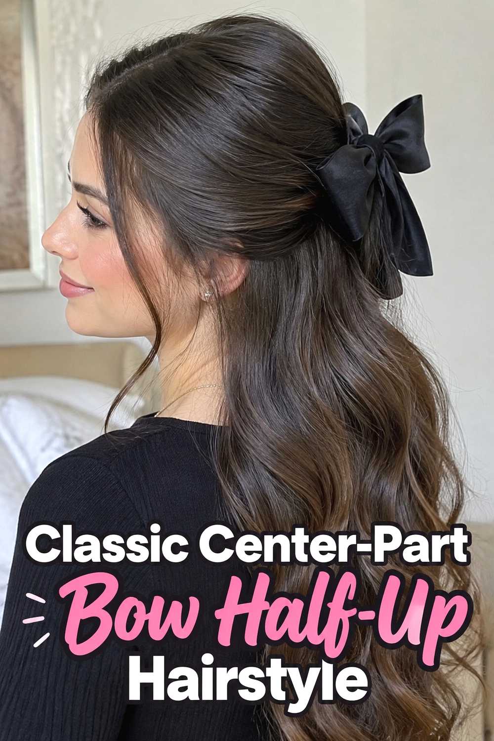 1. Classic Center Part Bow Half Up Hairstyle