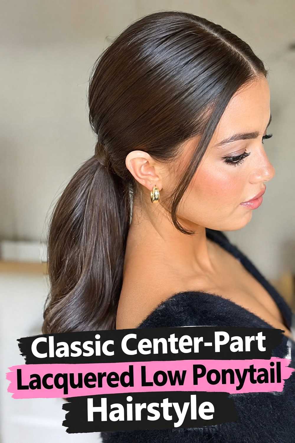 1. Classic Center Part Lacquered Low Ponytail Hairstyle