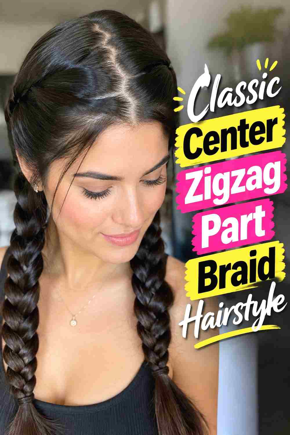 1. Classic Center Zigzag Part Braid Hairstyle