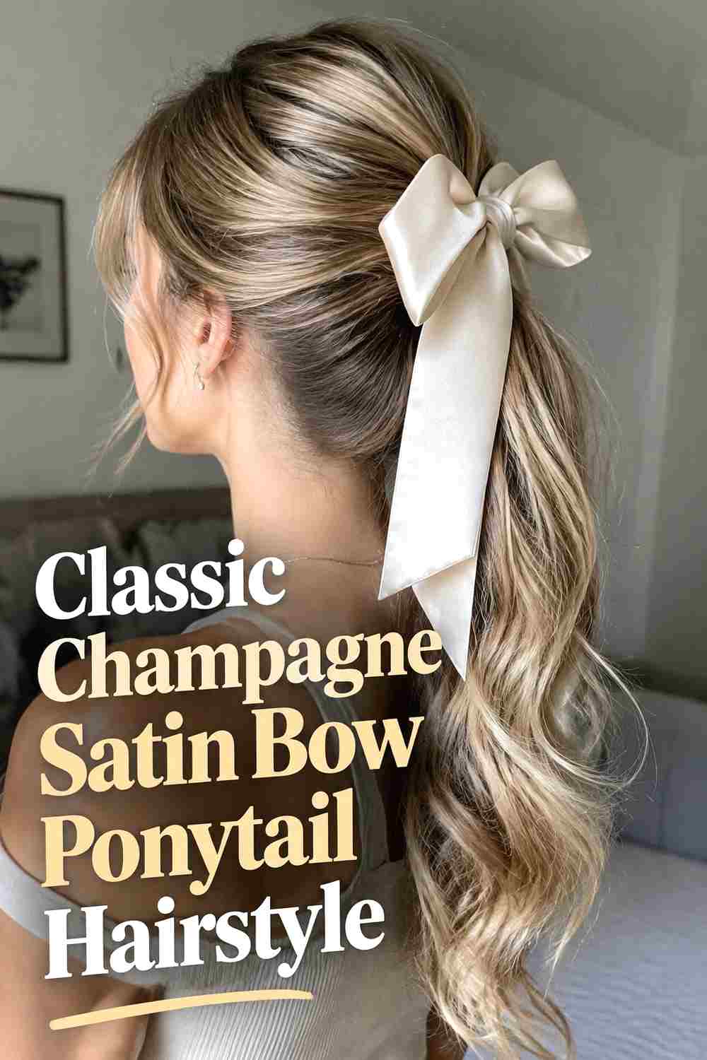 1. Classic Champagne Satin Bow Ponytail Hairstyle