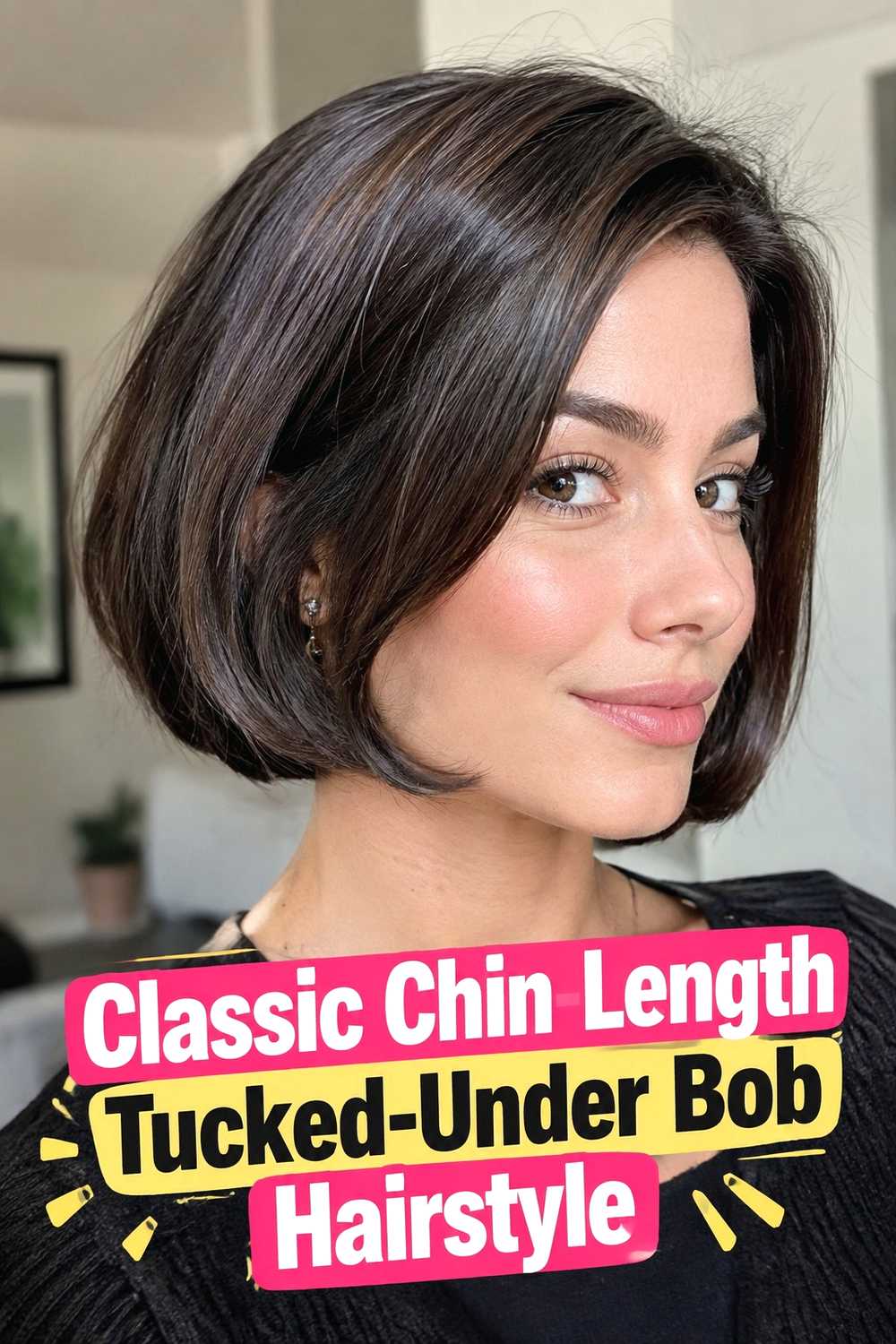 1. Classic Chin Length Tucked Under Bob Hairstyle