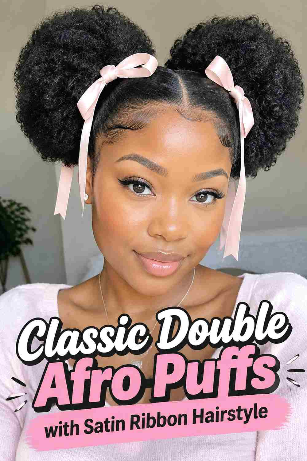 1. Classic Double Afro Puffs With Satin Ribbon Hairstyle