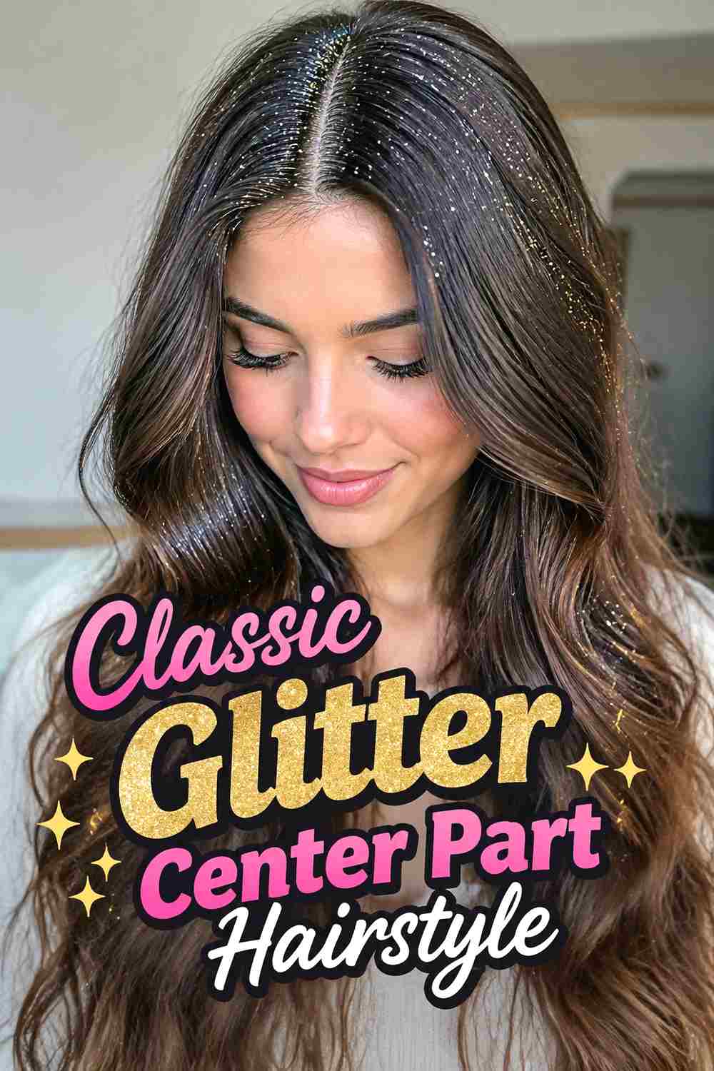 1. Classic Glitter Center Part Hairstyle
