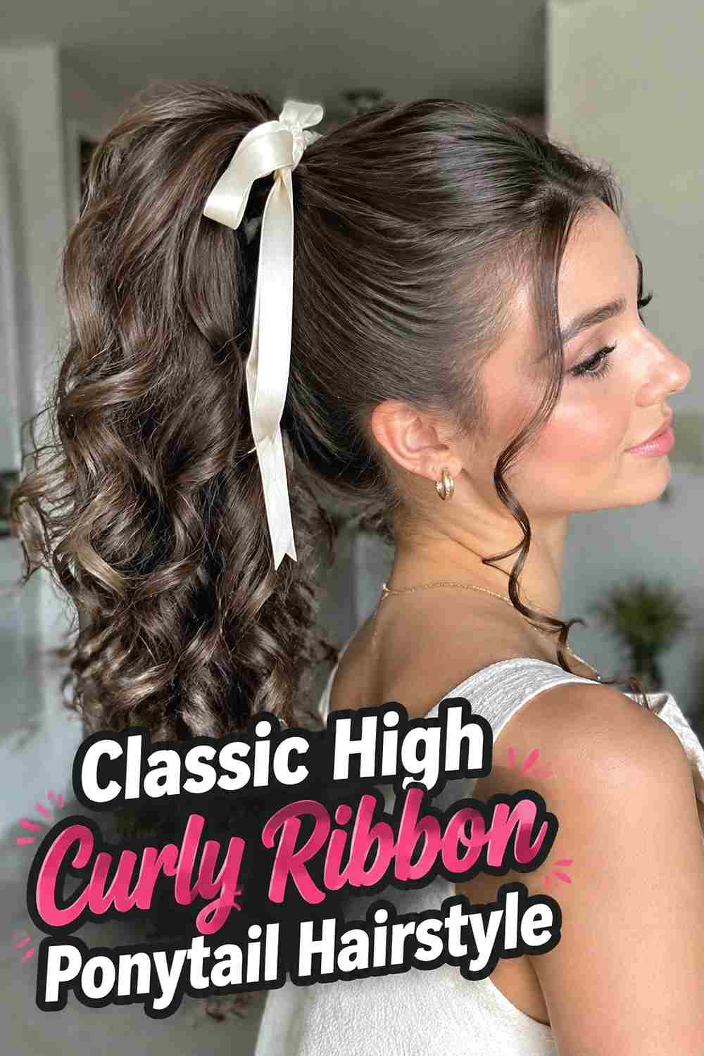 1. Classic High Curly Ribbon Ponytail Hairstyle