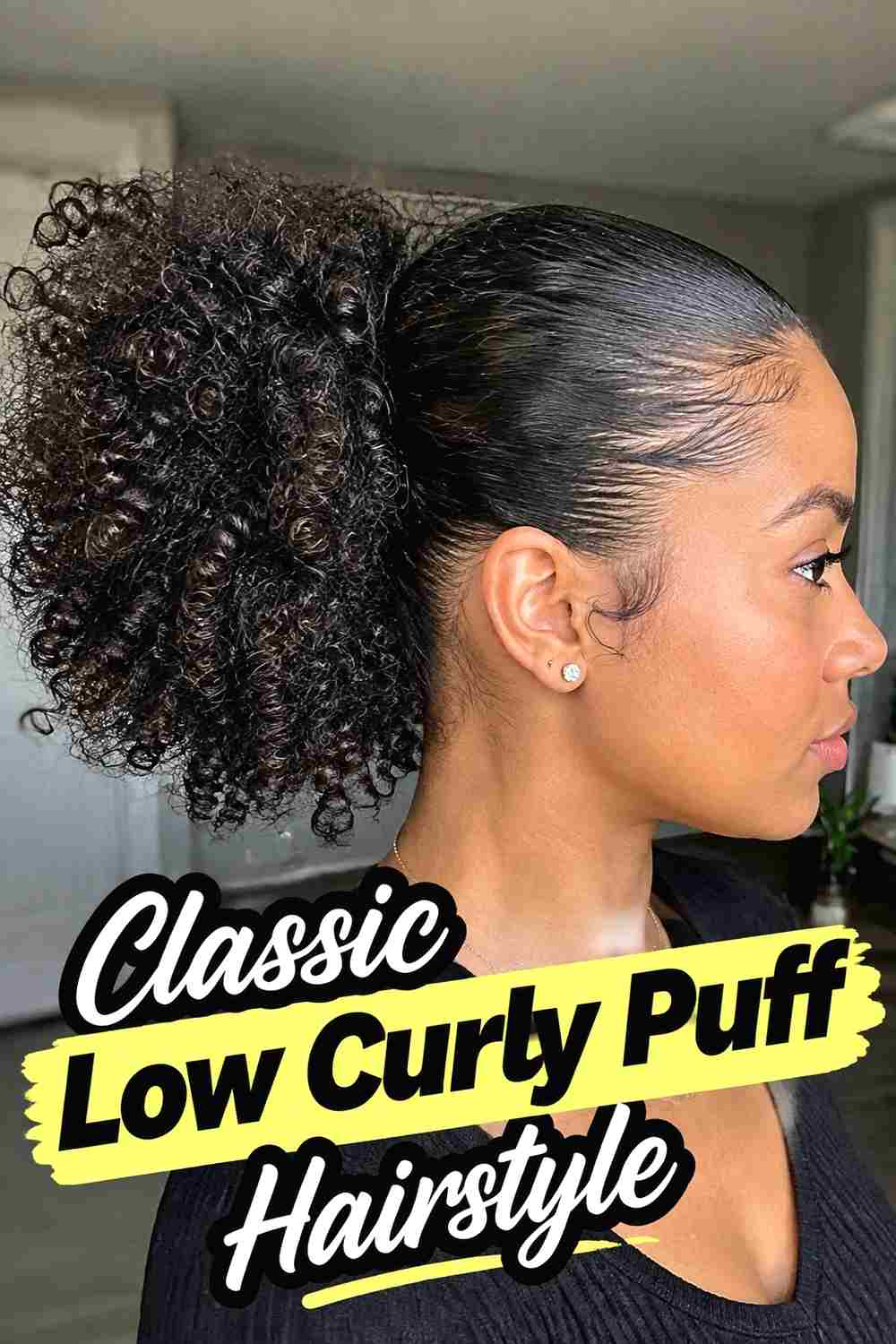 1. Classic Low Curly Puff Hairstyle