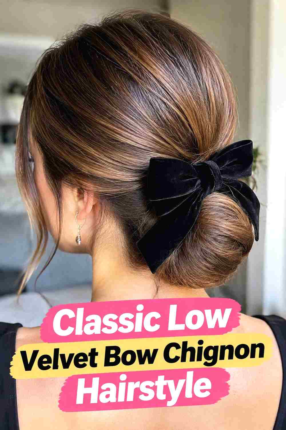 1. Classic Low Velvet Bow Chignon Hairstyle