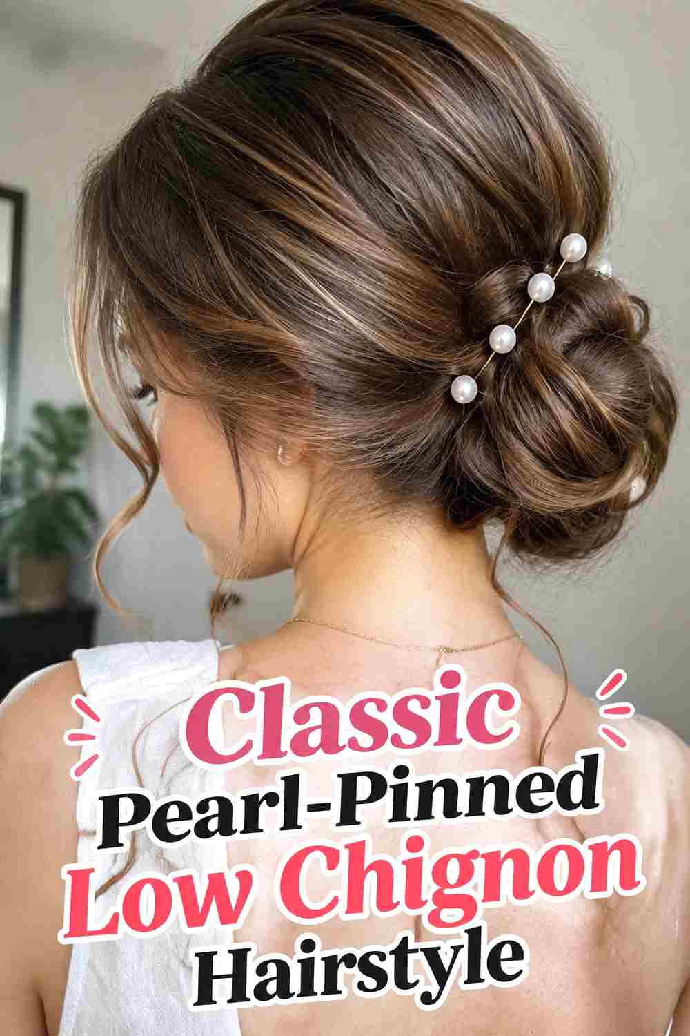 1. Classic Pearl Pinned Low Chignon Hairstyle